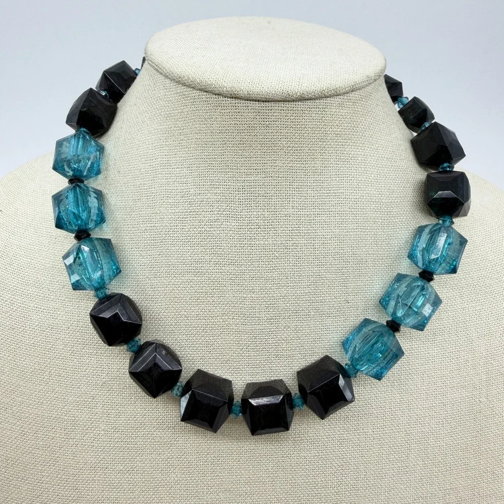 Black Aqua Blue Faceted Cube Bead Necklace Chunky Geometric Statement Jewelry